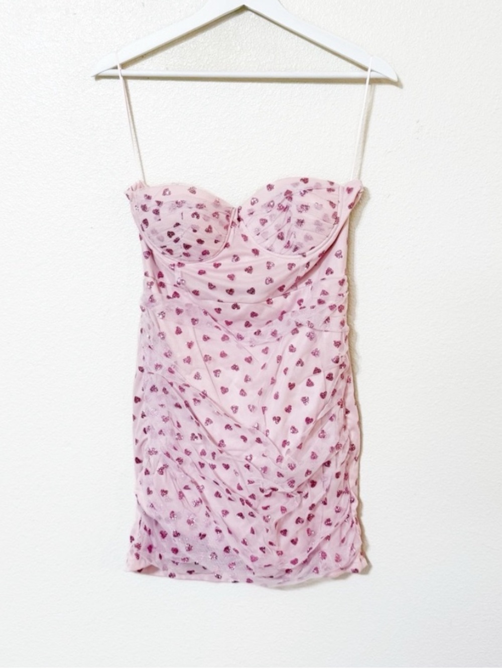 Superdown Fifi Mesh Mini Ruched Glitter Heart Print Dress Pink Strapless L NEW
